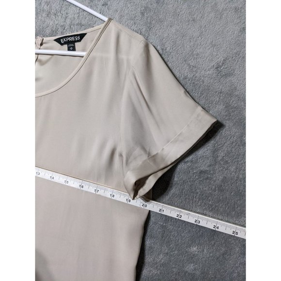 🍑EXPRESS Women Knit Tunic Solid Beige Round Neck Short Sleeve Zip Close M(8-10) - Picture 2 of 11